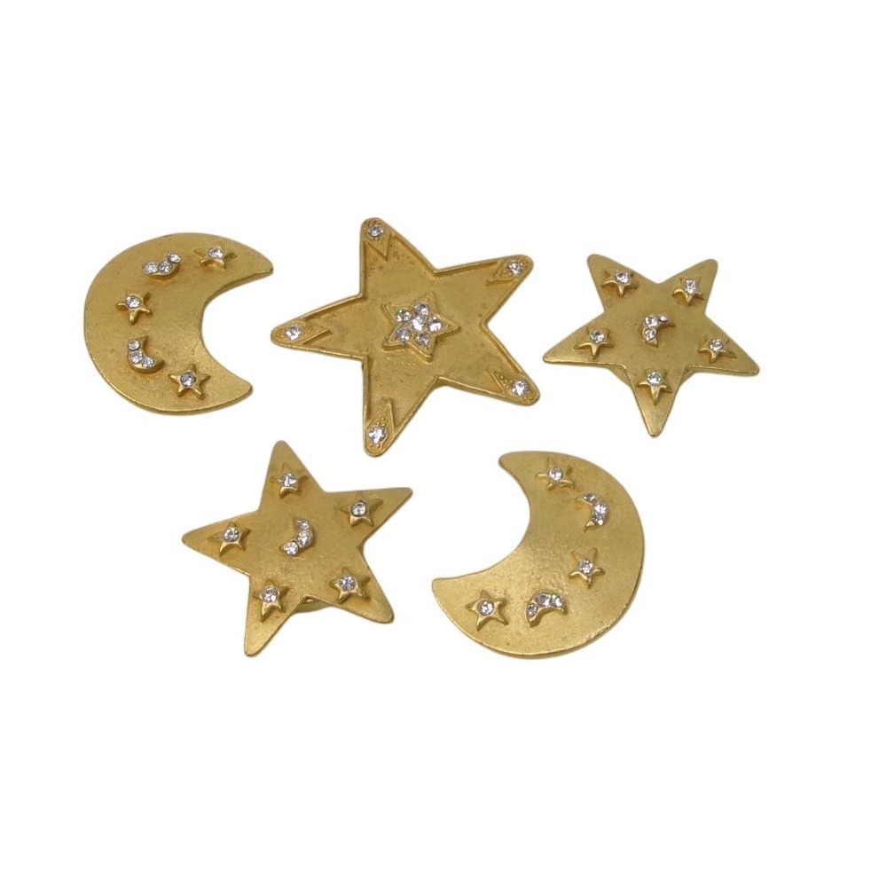 Vintage Matte Gold Rhinestone Decorated Celestial Moon Star Button Covers EH